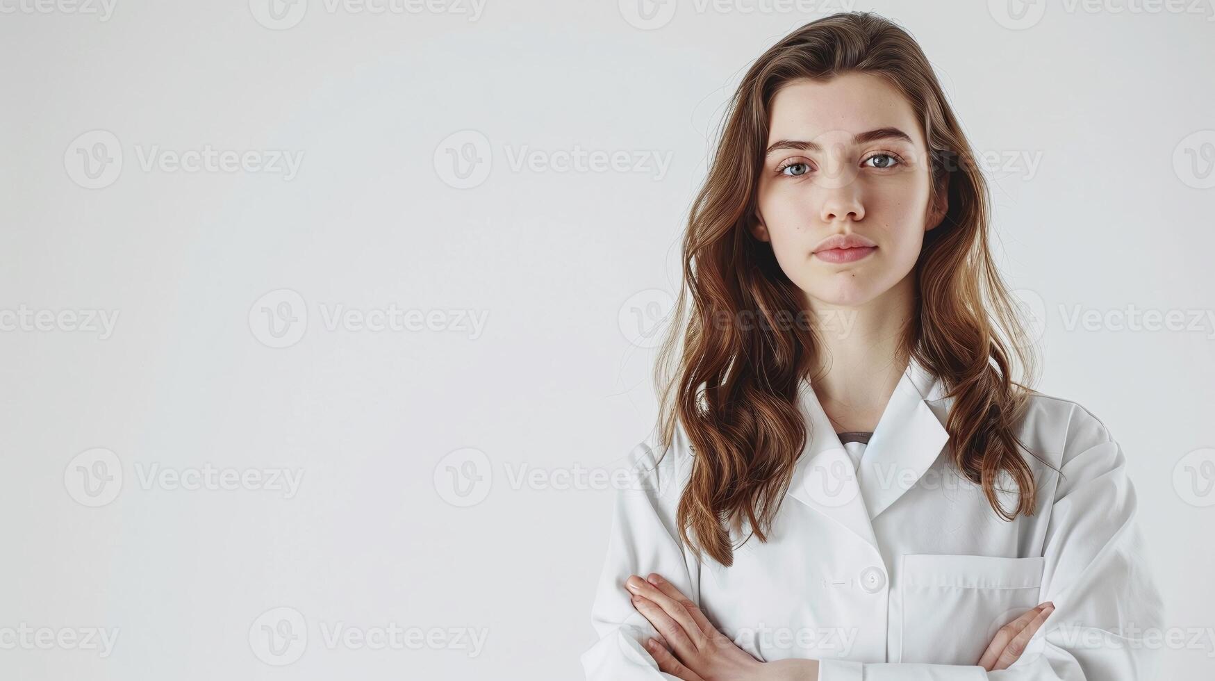 AI generated stunning female doctor isolated on white, exuding confidence and expertise photo