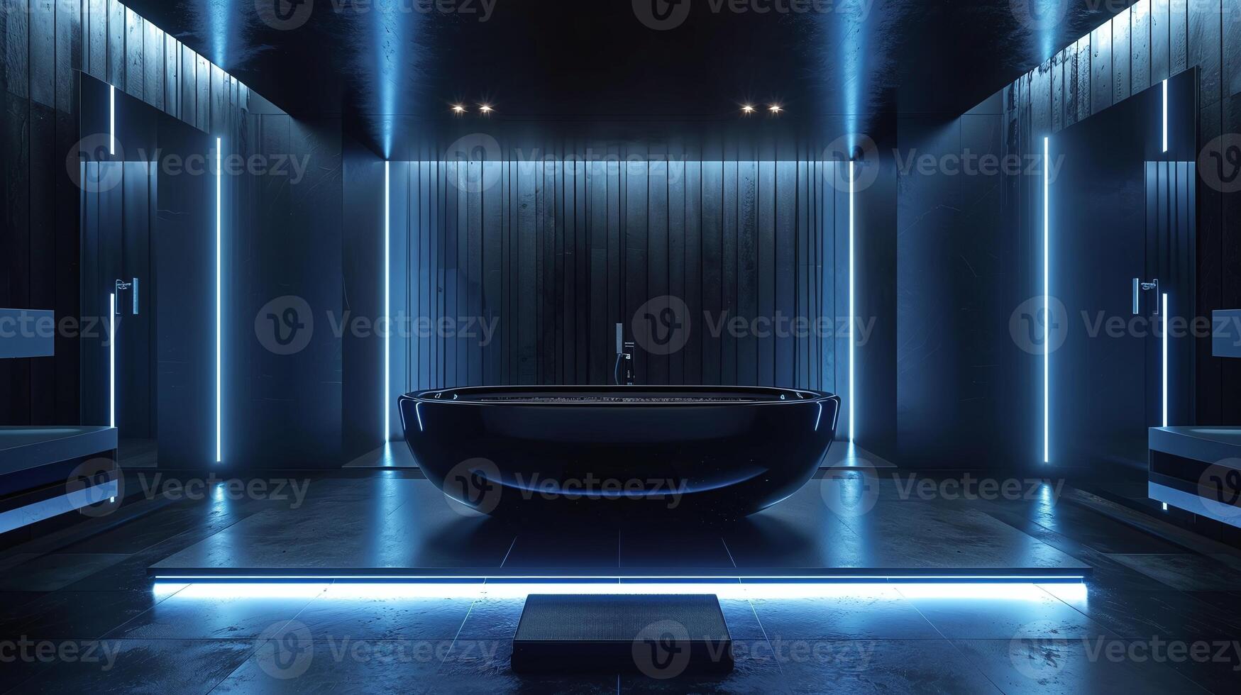 AI generated luxury black bathroom interior with ambient lighting and futuristic concept photo