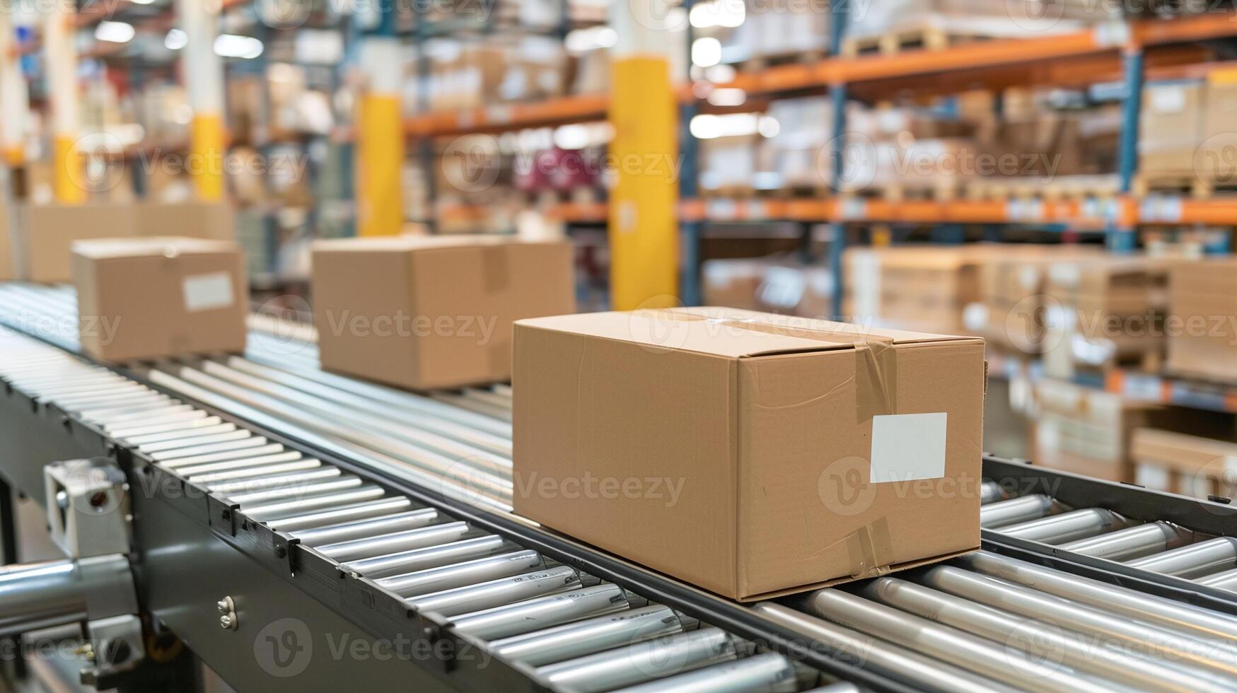 AI generated Streamlined Warehouse Operations Closeup of Cardboard Box Packages Seamlessly Moving on Conveyor Belt for Efficient Fulfillment photo