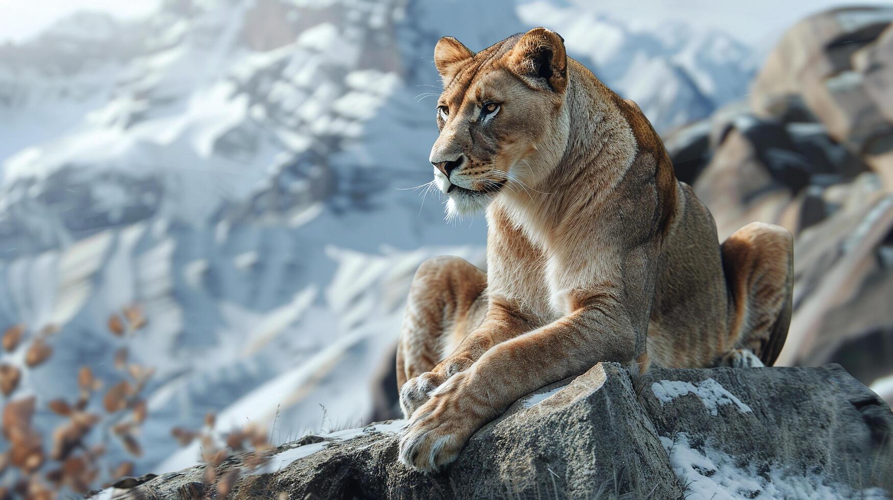 AI generated lion in a marvel of nature creation, revealed in a harmonious union with wintery surroundings photo