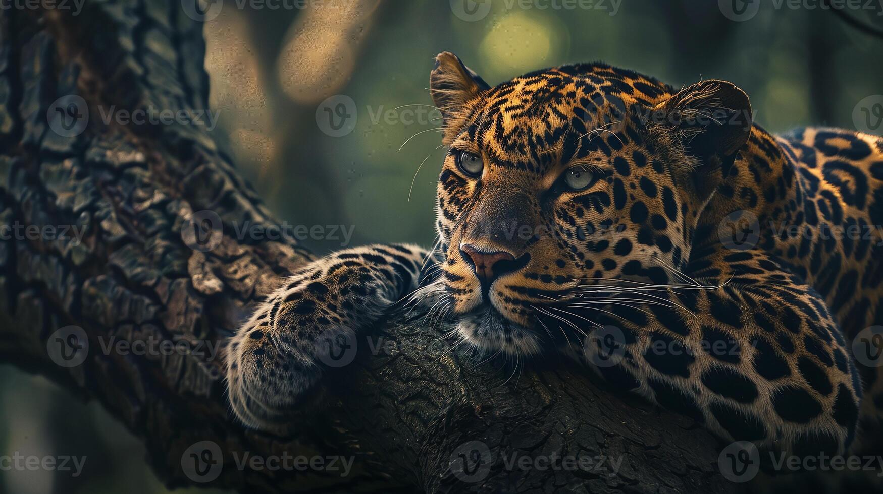 AI generated a wild leopard closeup resting on a tree in the forest photo