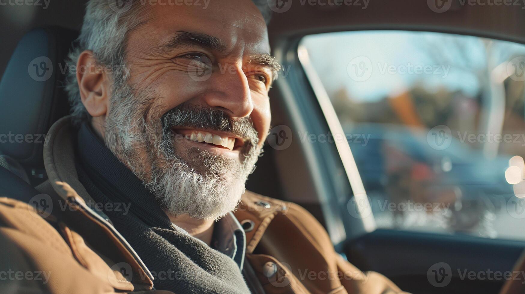 AI generated happy mid adult man enjoying his drive in his new car photo