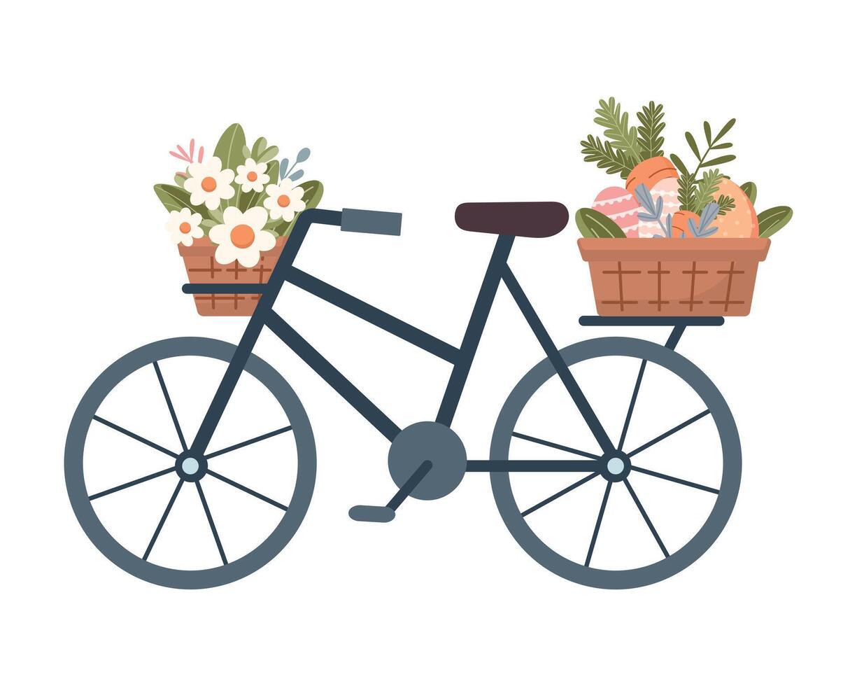 Bicycle with baskets with Easter eggs and spring flowers isolated on white background. Easter element. Vector illustration. Flat cute style.