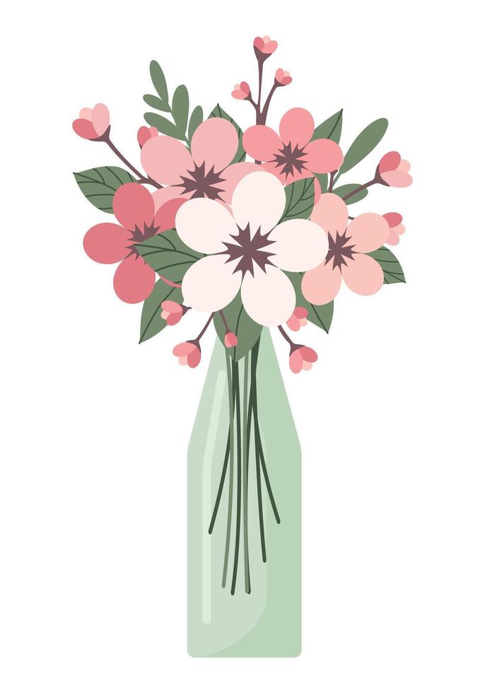 Glass vase or bottle with blossom sakura flower isolated on white background vector