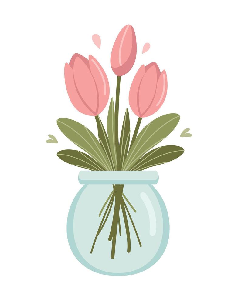 Pink tulips in a glass vase isolated on white background. Spring bouquet. Vector illustration. Flat cute style.