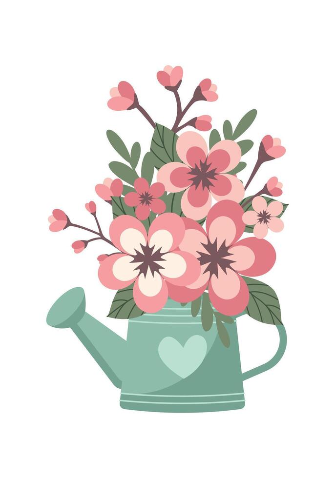 Watering can with blossom sakura flower isolated on white background vector