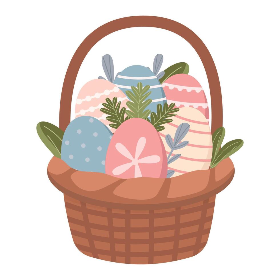 Easter eggs basket isolated on white background. Easter element. Vector illustration. Flat cute style.