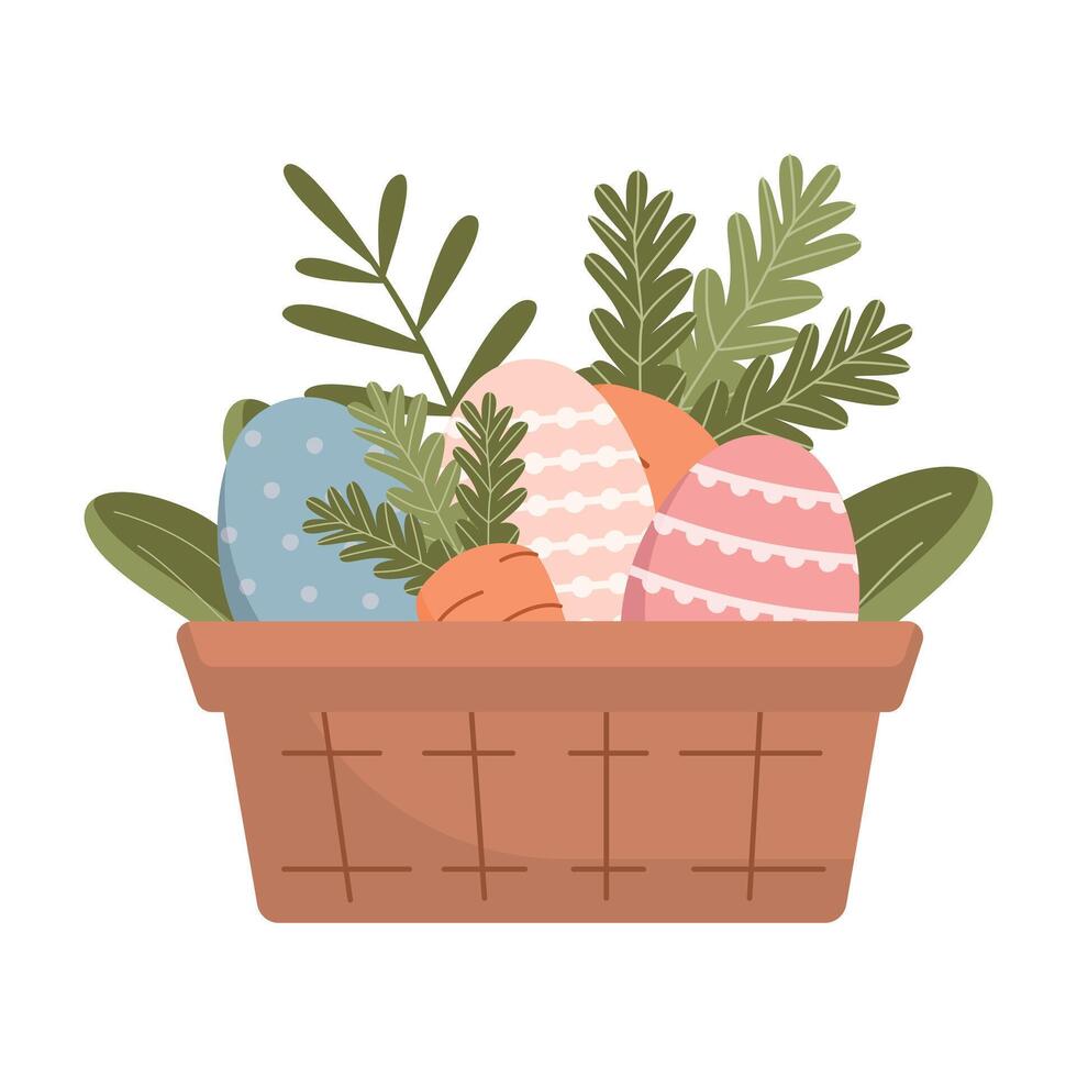 Easter eggs basket with carrots isolated on white background. Easter element. Vector illustration. Flat cute style.