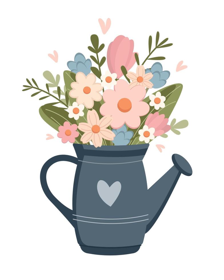Spring flowers in a metal watering can isolated on white background. Spring bouquet. Vector illustration. Flat cute style.