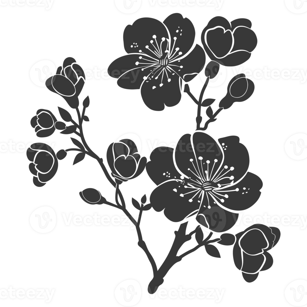 AI generated Silhouette Cherry blossoms or sakura flower black color only png
