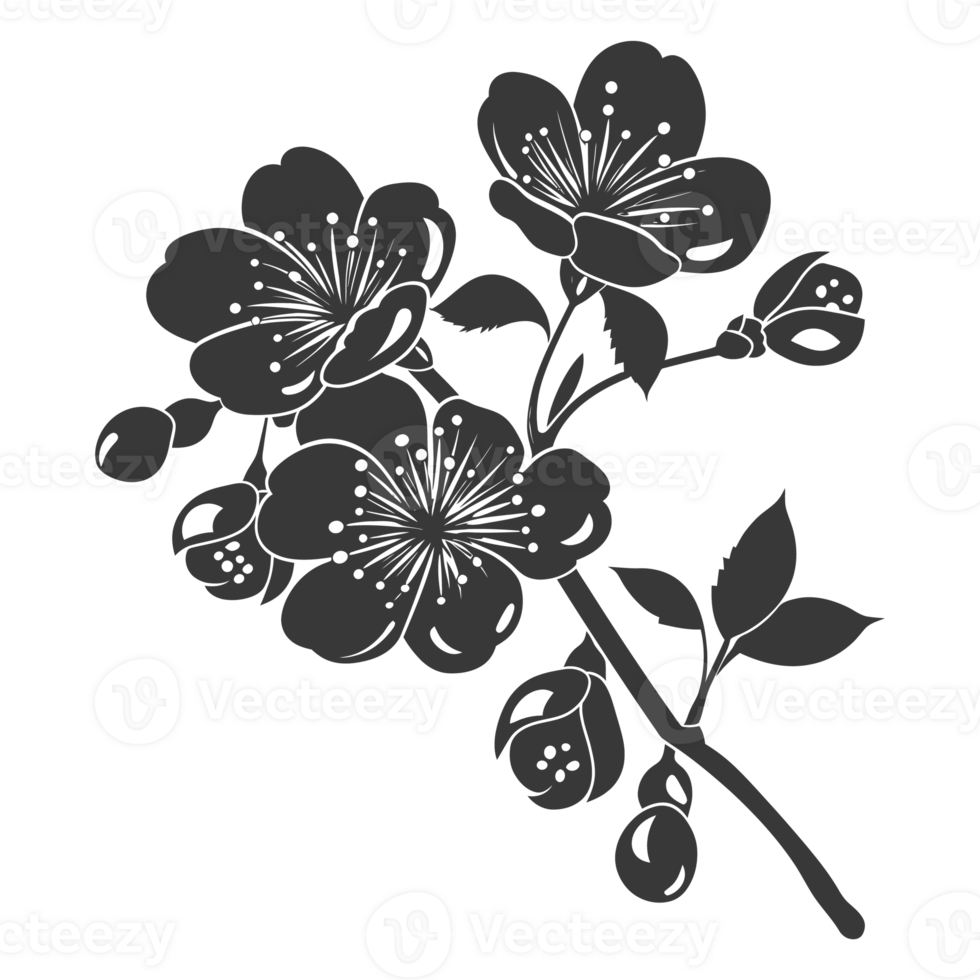 AI generated Silhouette Cherry blossoms or sakura flower black color only png