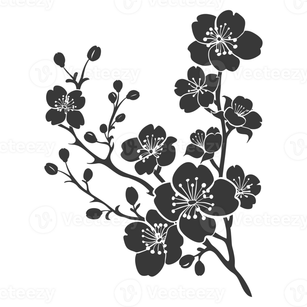 AI generated Silhouette Cherry blossoms or sakura flower black color only png