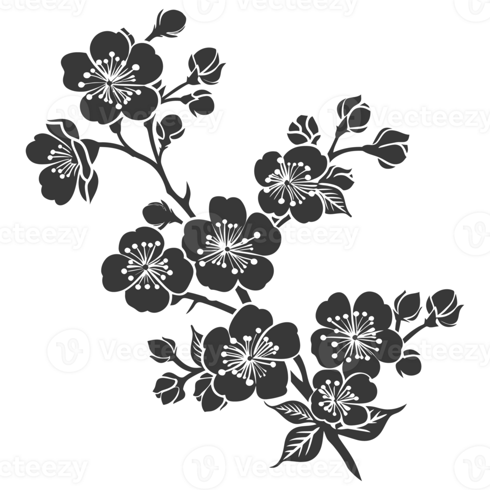 AI generated Silhouette Cherry blossoms or sakura flower black color only png