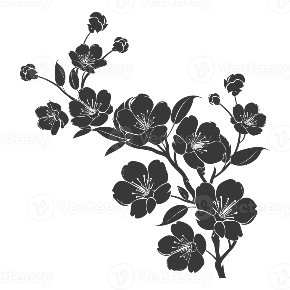AI generated Silhouette Cherry blossoms or sakura flower black color only png