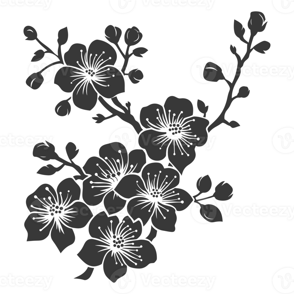 AI generated Silhouette Cherry blossoms or sakura flower black color only png