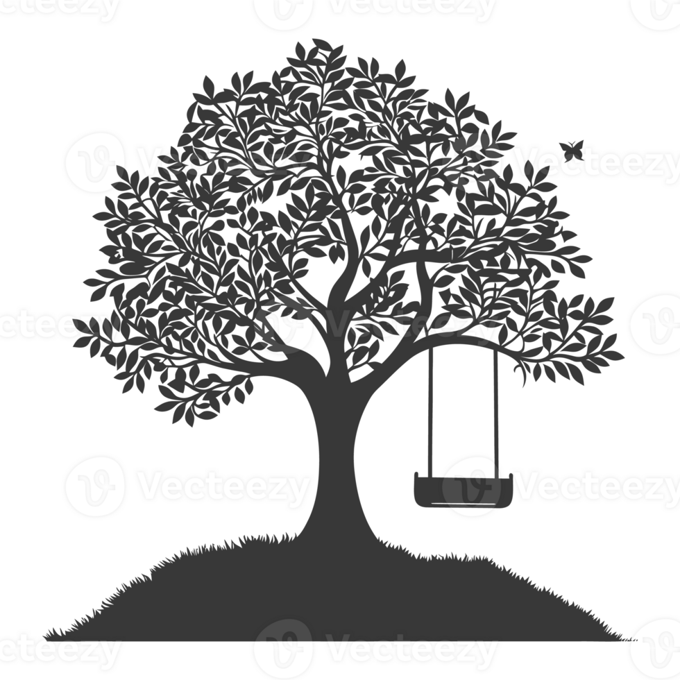 AI generated Silhouette Tree With A Swing black color only png