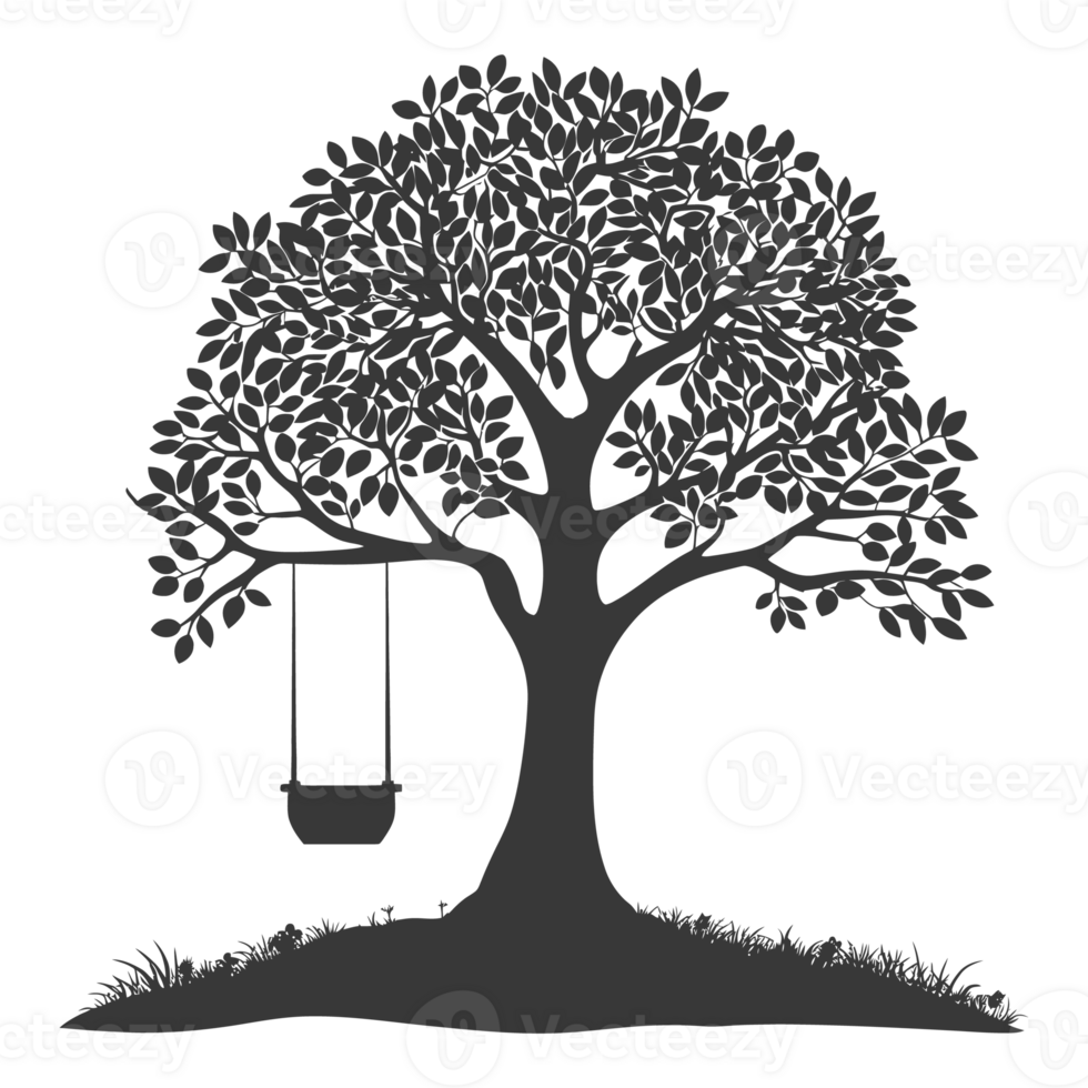 AI generated Silhouette Tree With A Swing black color only png