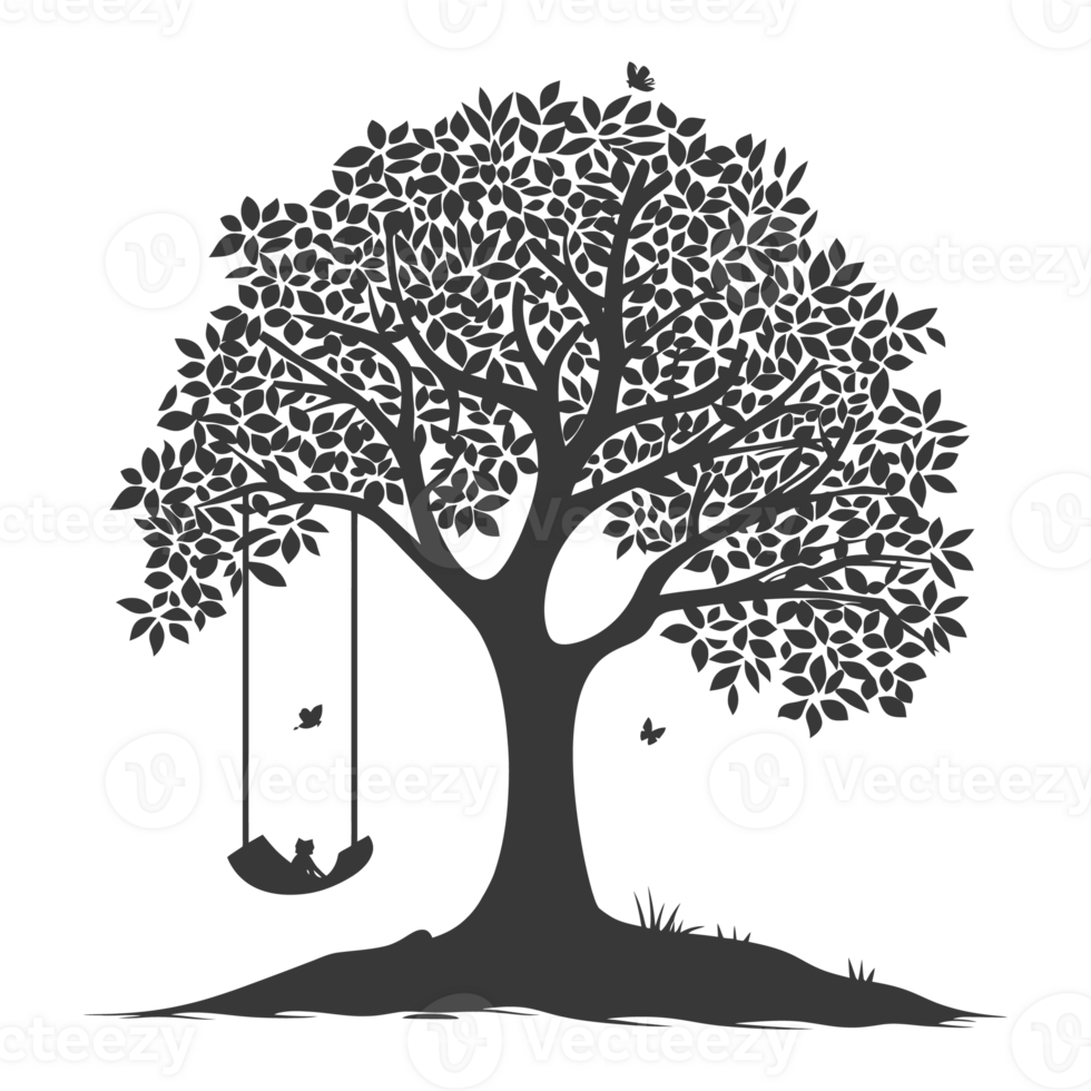 AI generated Silhouette Tree With A Swing black color only png