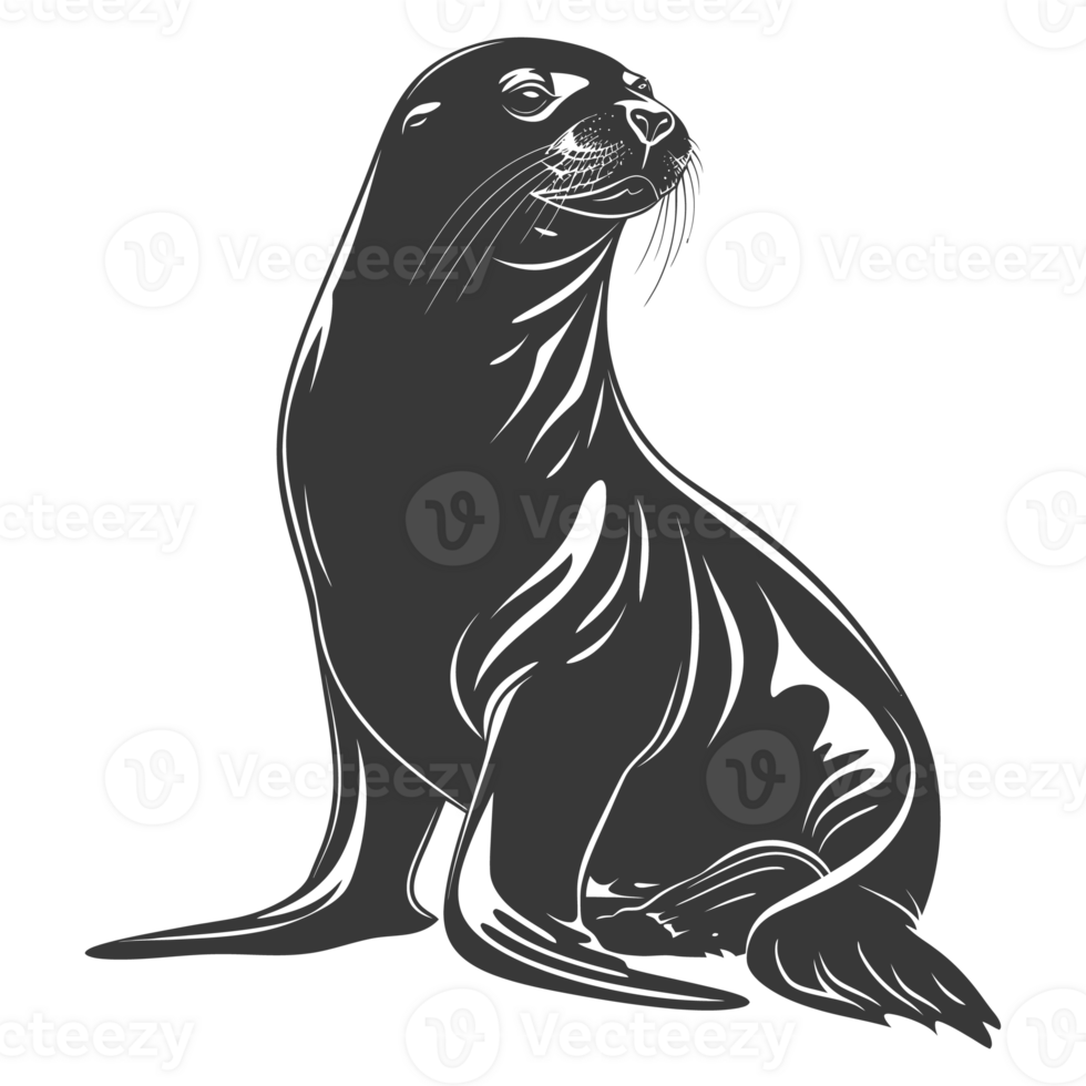 AI generated Silhouette Sea Lion Animal black color only full body png