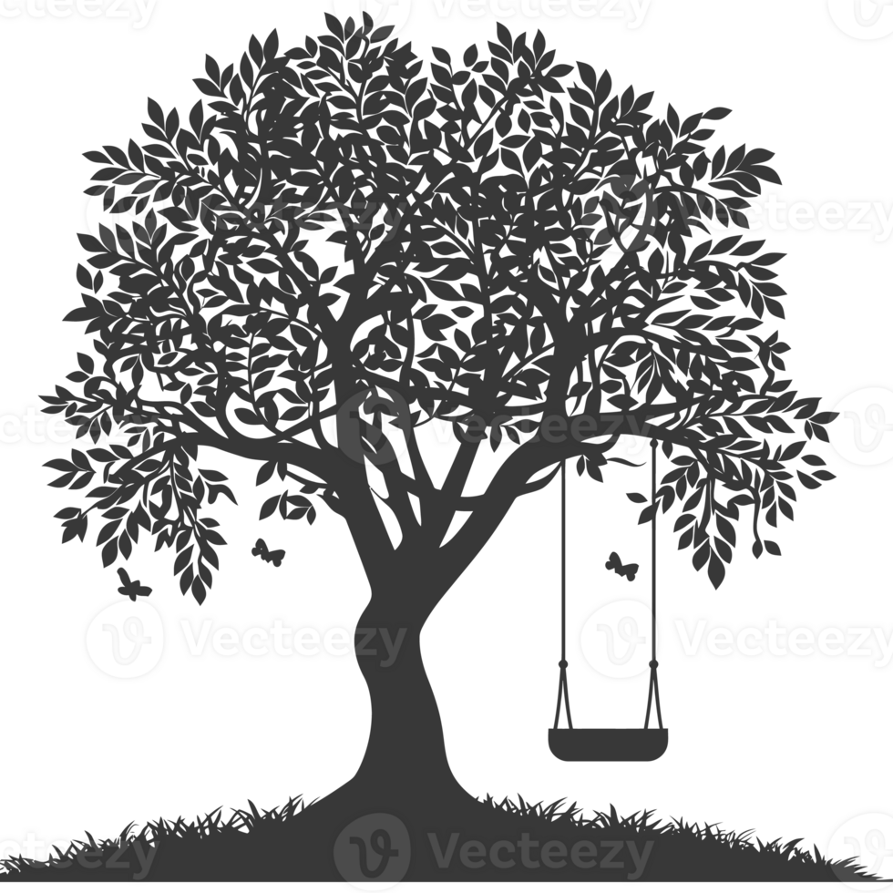 AI generated Silhouette Tree With A Swing black color only png