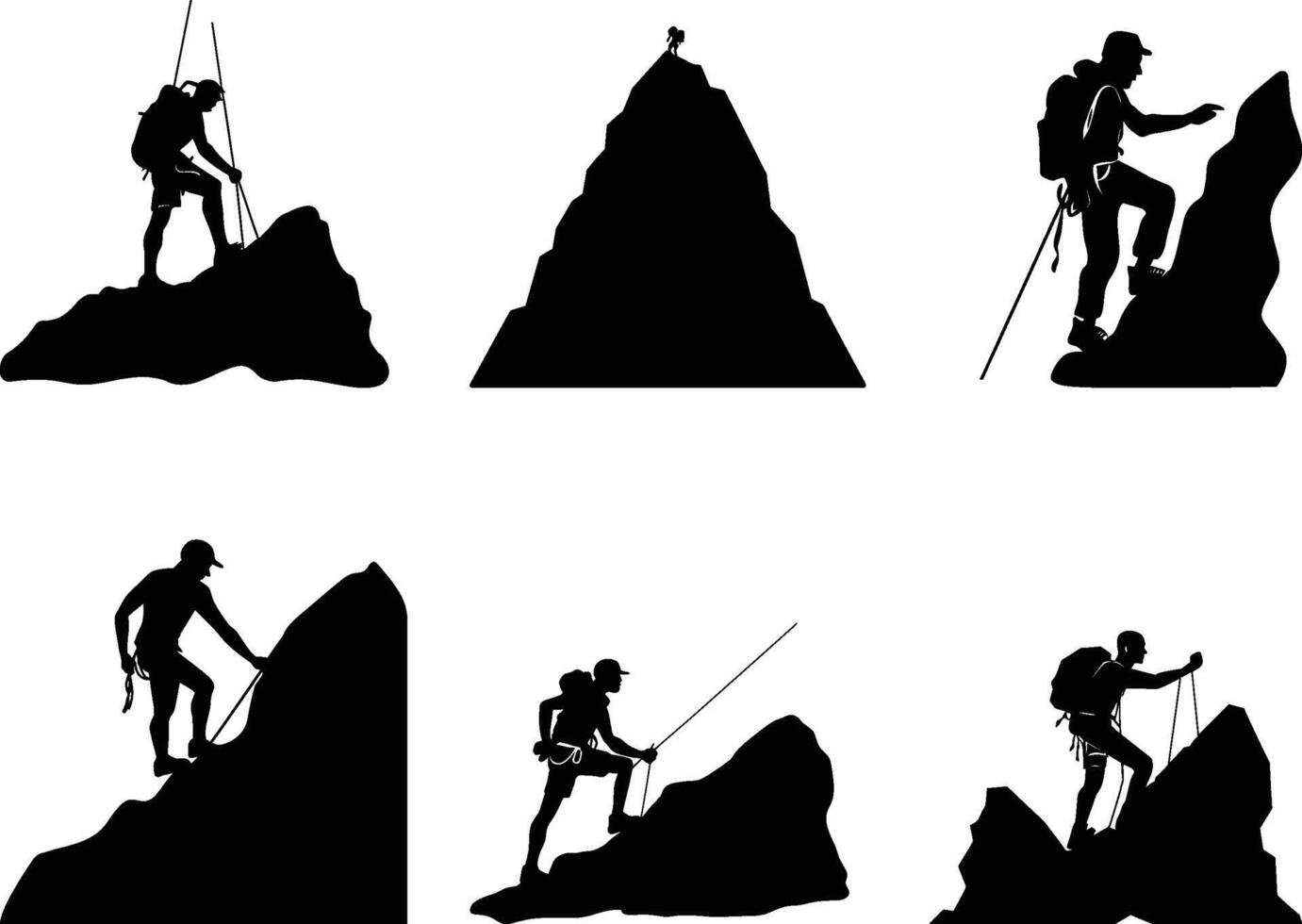 Set of Man climbing on the mountain vector. landscape silhouette, on isolated white background vector