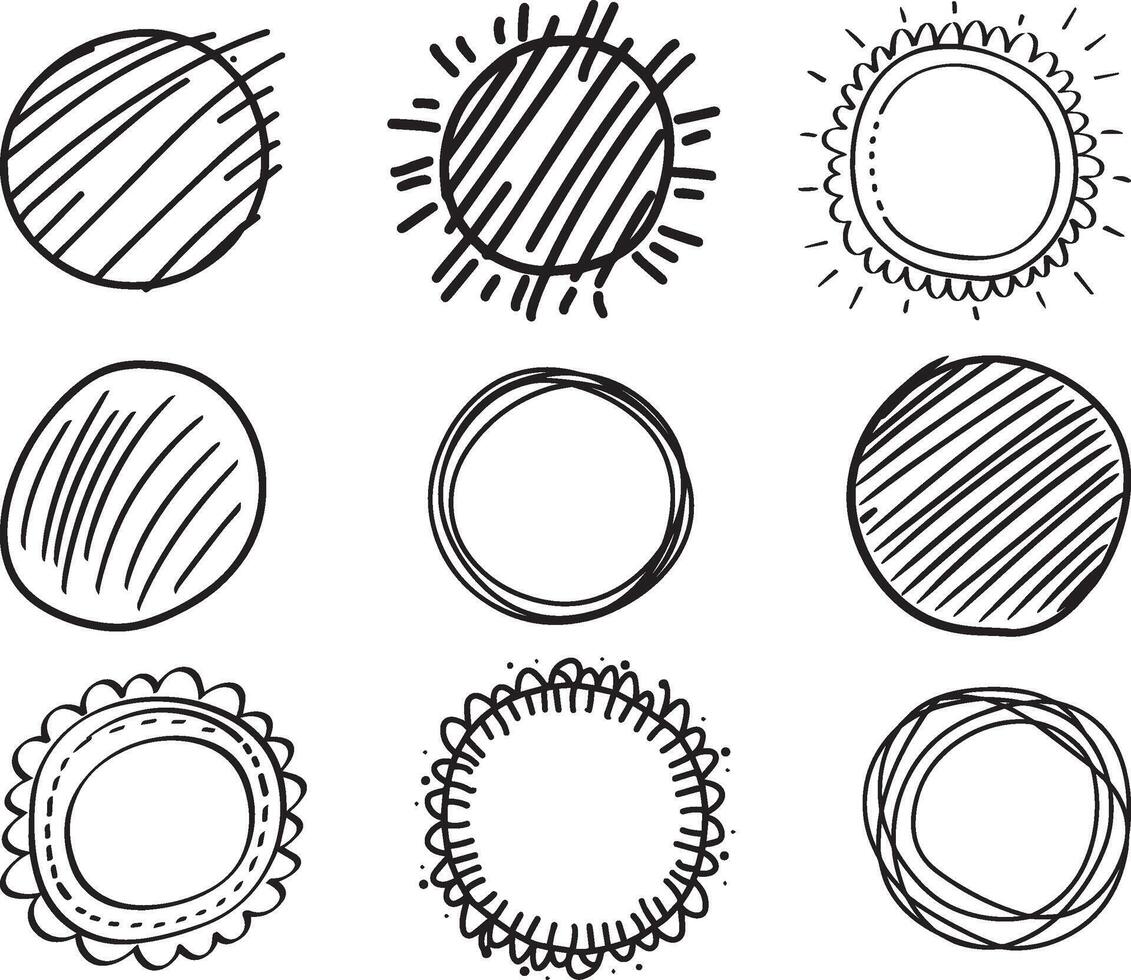 Set of Cute Hand Drawn Circle Shapes, vector on isolated white background