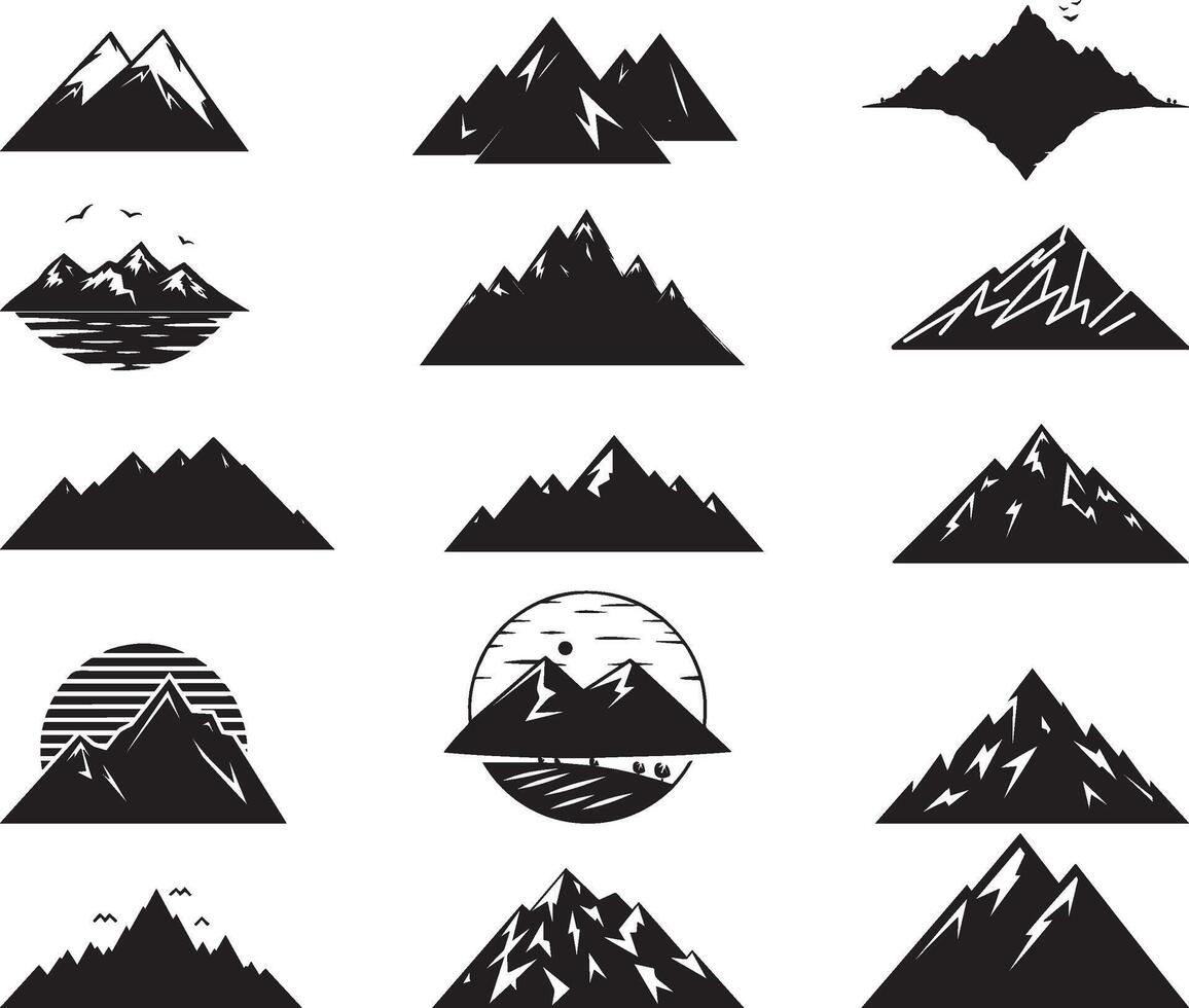 conjunto de negro rock colina y montaña silueta paisaje, vector en aislado blanco antecedentes