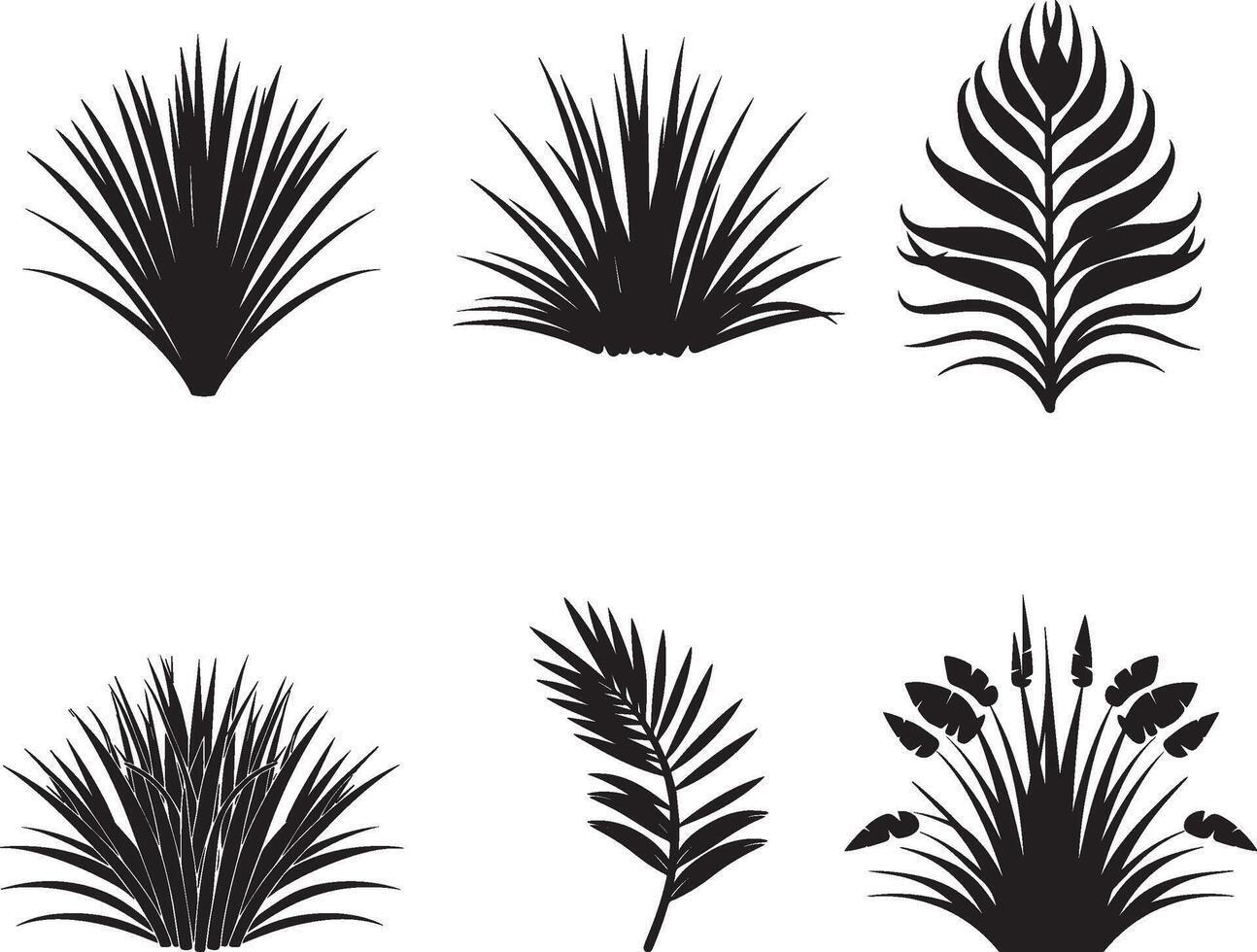 conjunto de tropical planta y césped en silueta vector. en aislado blanco antecedentes vector