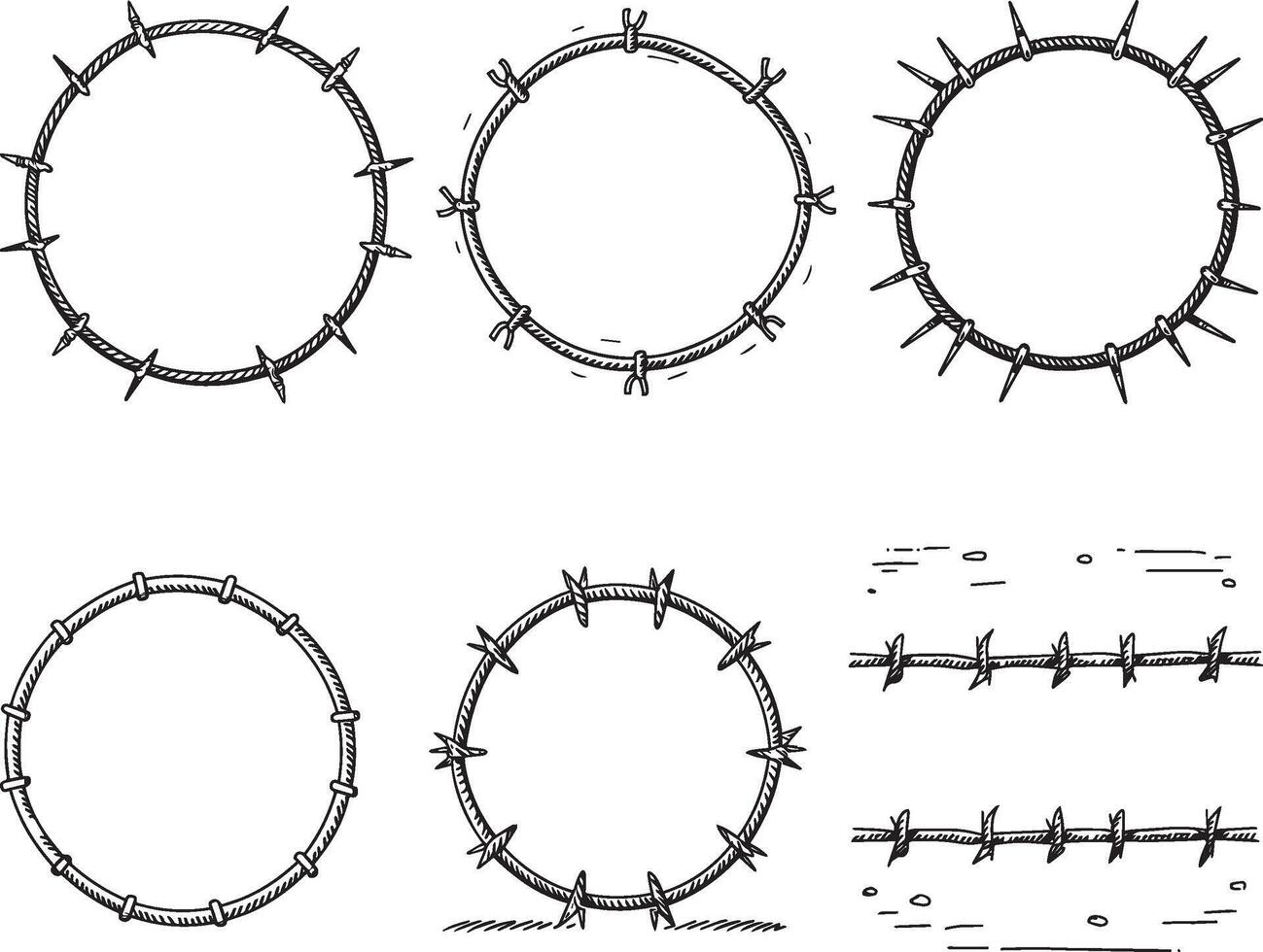 Set of barbed wire frames. Hand drawn vector, illustration in sketch style. Design element for military, security, prison, slavery concepts vector