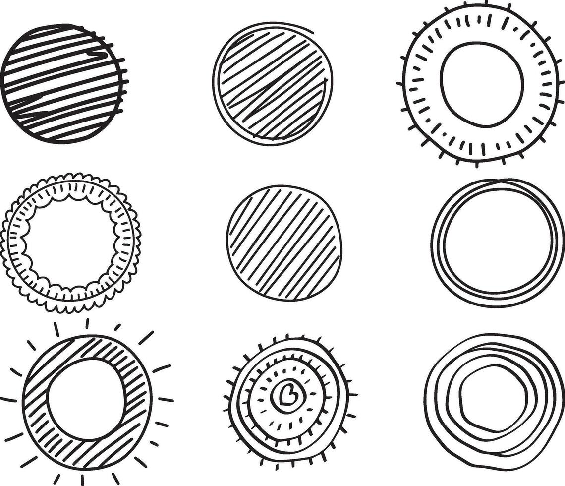 Set of Cute Hand Drawn Circle Shapes, vector on isolated white background