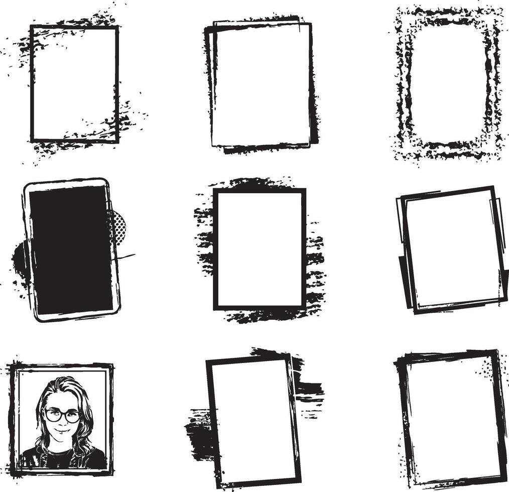 Black and white Set of Grunge Photo Edge portrait Frame, vector on isolated white background