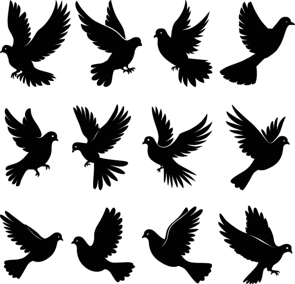 Flying dove silhouettes isolated. pigeons set love and peace symbols vector