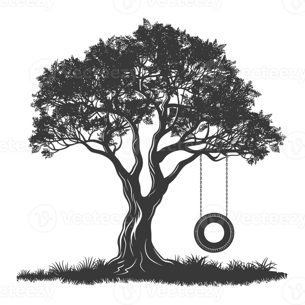 AI generated Silhouette Tree With A Tyre Swing black color only png