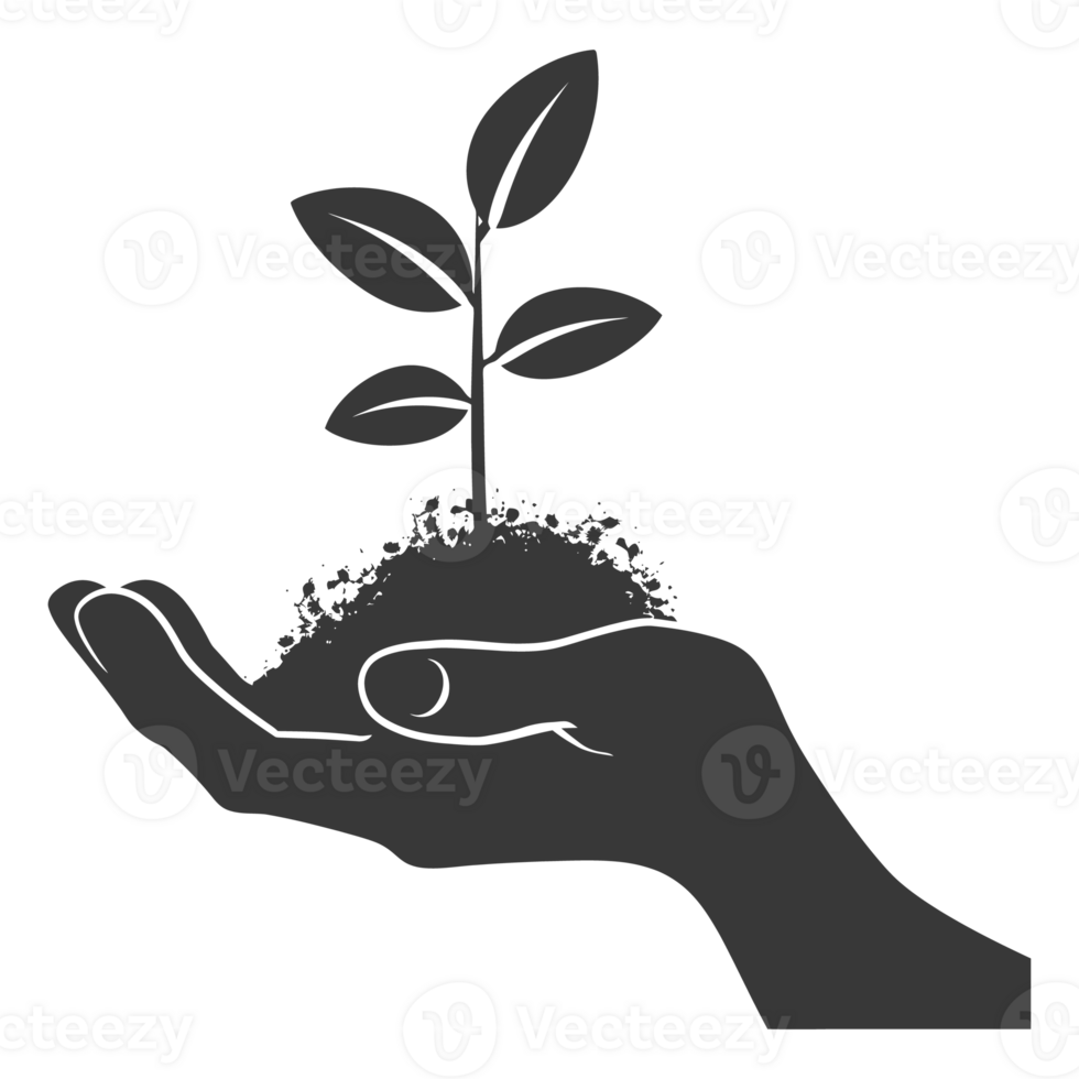 AI generated Silhouette Two Hand holding soil with growing sprout black color only png
