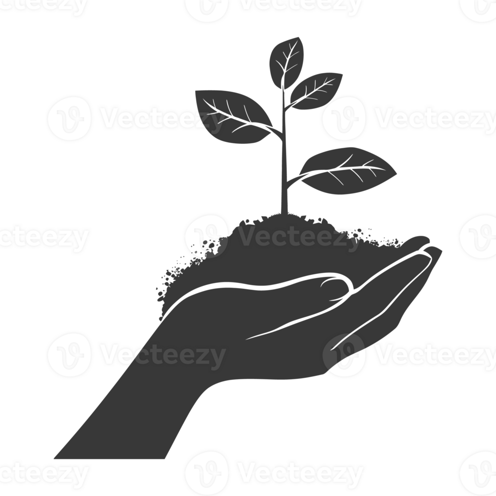 AI generated Silhouette Two Hand holding soil with growing sprout black color only png