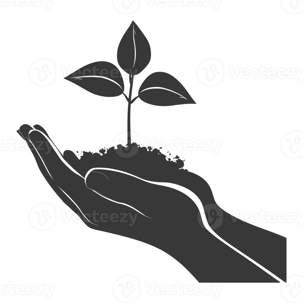 AI generated Silhouette Two Hand holding soil with growing sprout black color only png