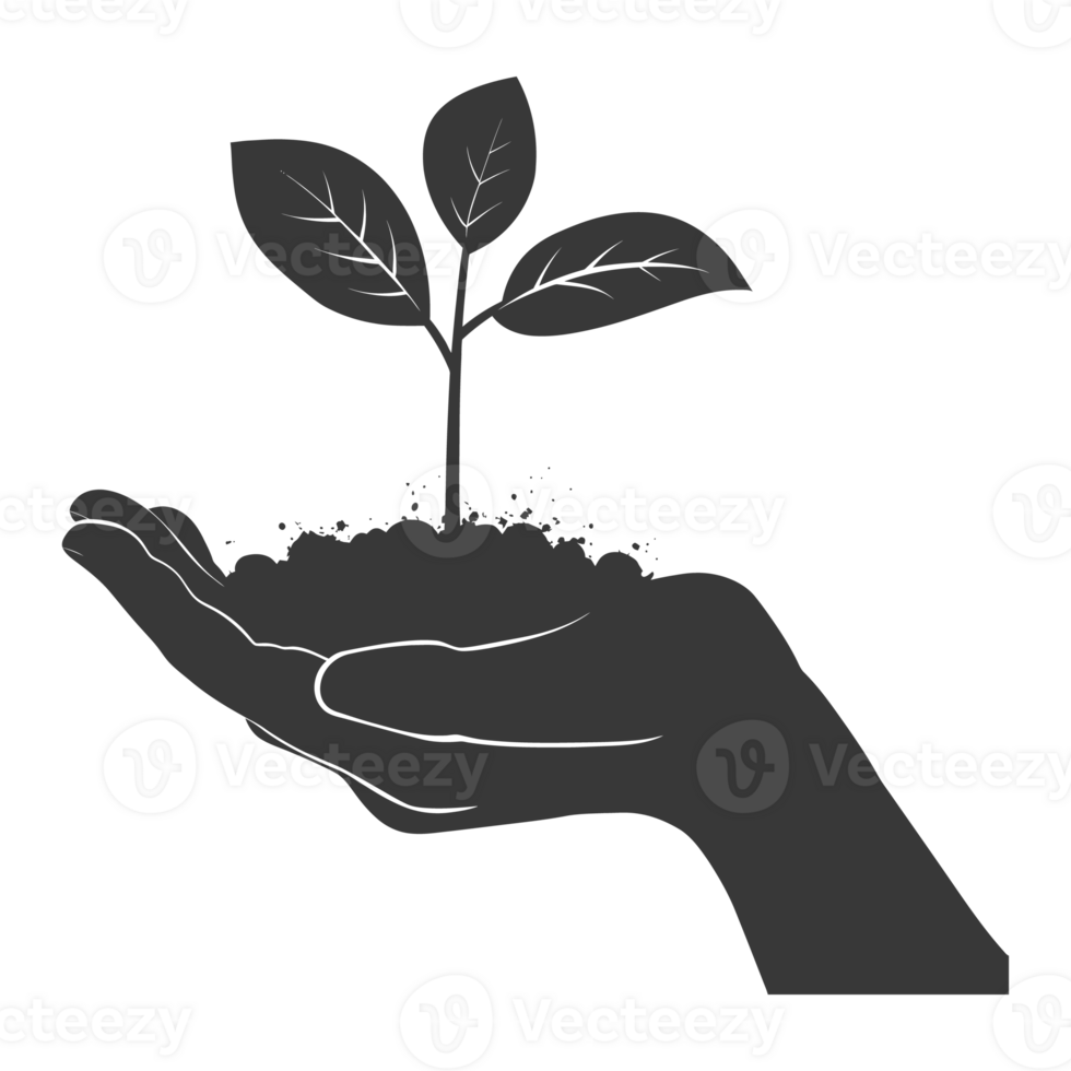 AI generated Silhouette Two Hand holding soil with growing sprout black color only png