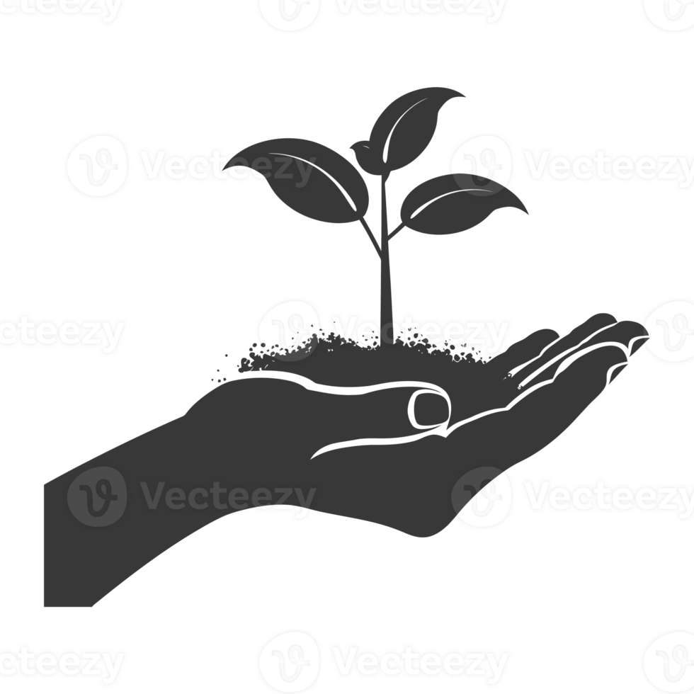 AI generated Silhouette Two Hand holding soil with growing sprout black color only png
