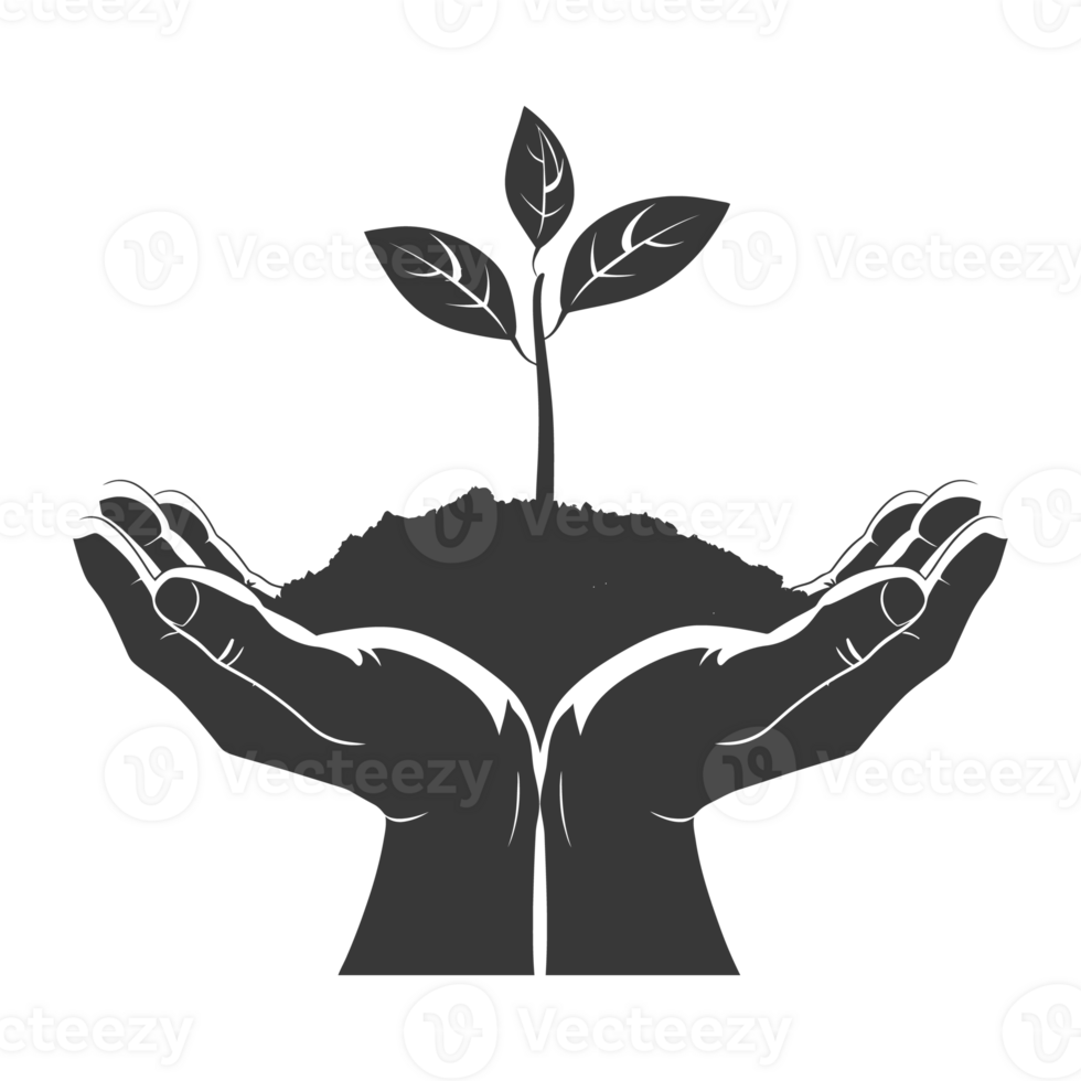 AI generated Silhouette Two Hand holding soil with growing sprout black color only png