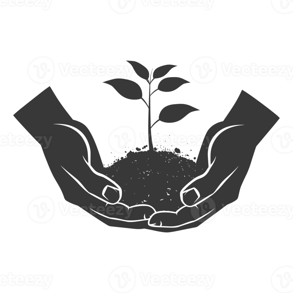 AI generated Silhouette Two Hand holding soil with growing sprout black color only png