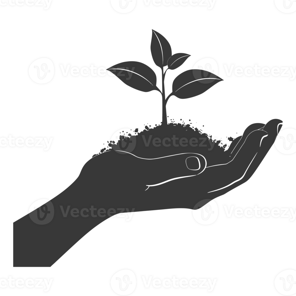 AI generated Silhouette Two Hand holding soil with growing sprout black color only png