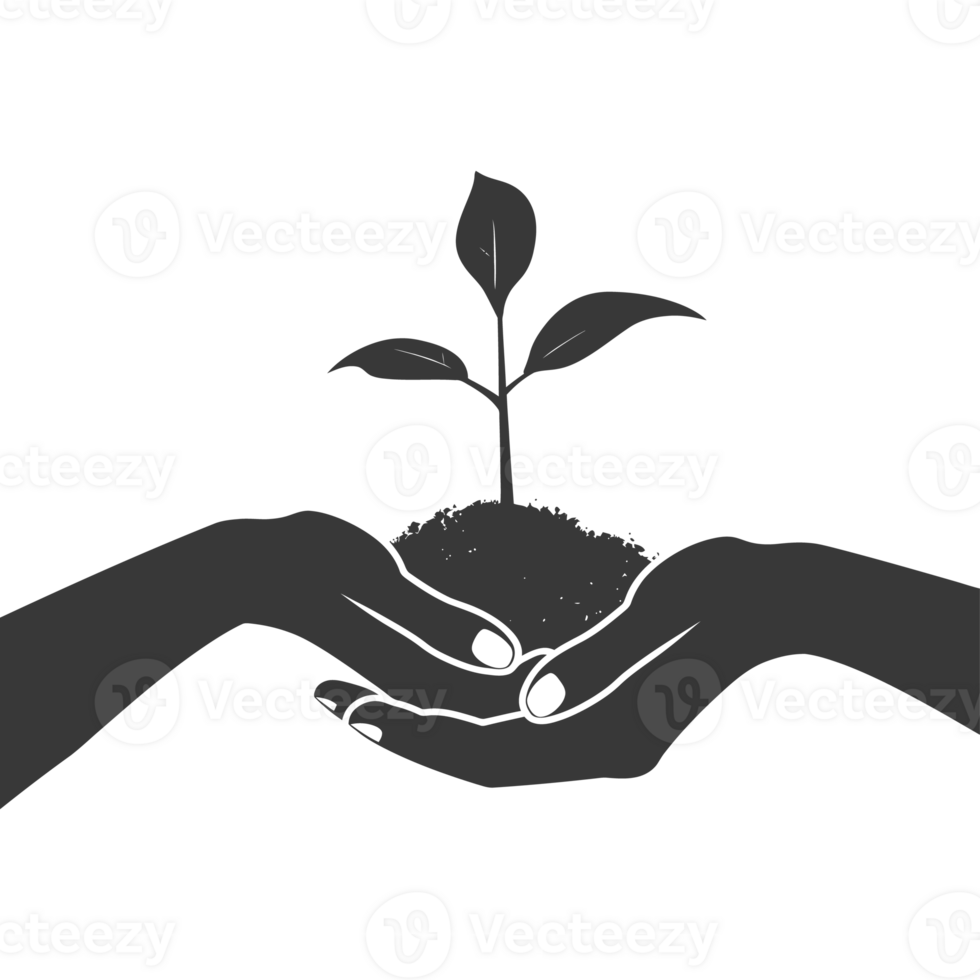 AI generated Silhouette Two Hand holding soil with growing sprout black color only png