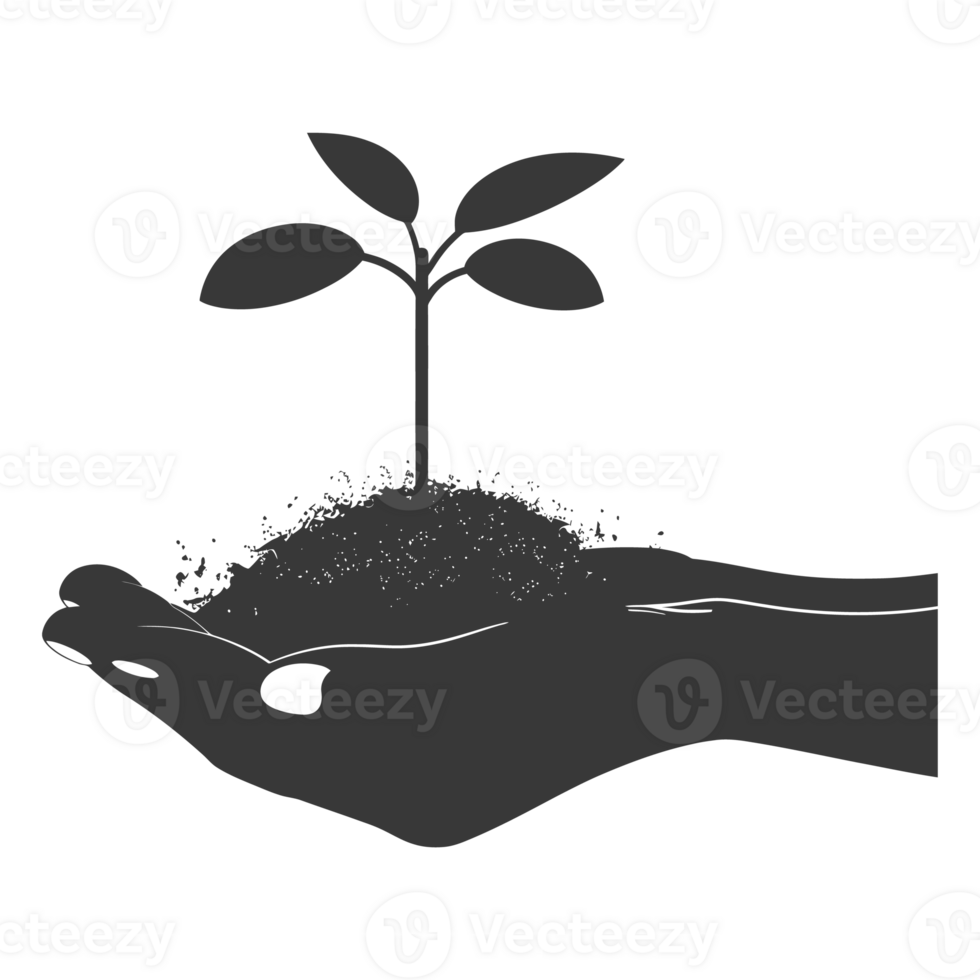 AI generated Silhouette Two Hand holding soil with growing sprout black color only png