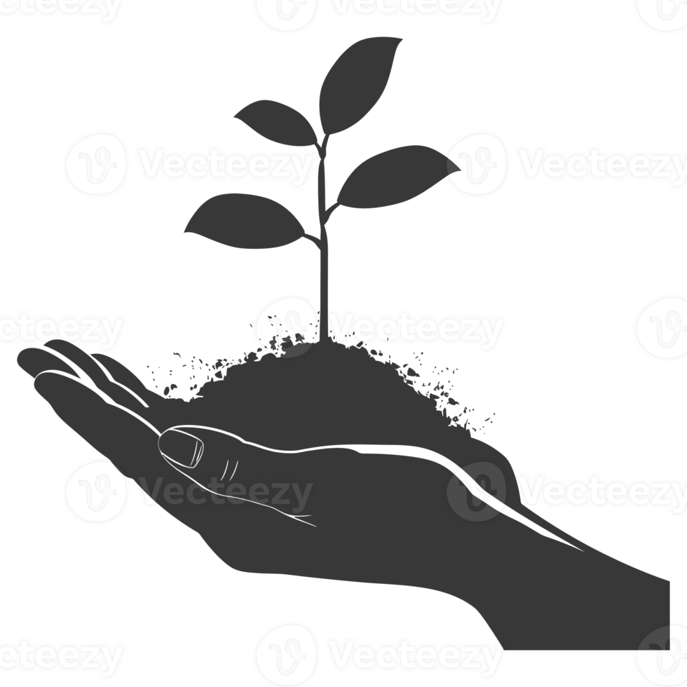AI generated Silhouette Two Hand holding soil with growing sprout black color only png