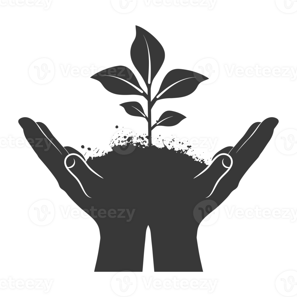 AI generated Silhouette Two Hand holding soil with growing sprout black color only png