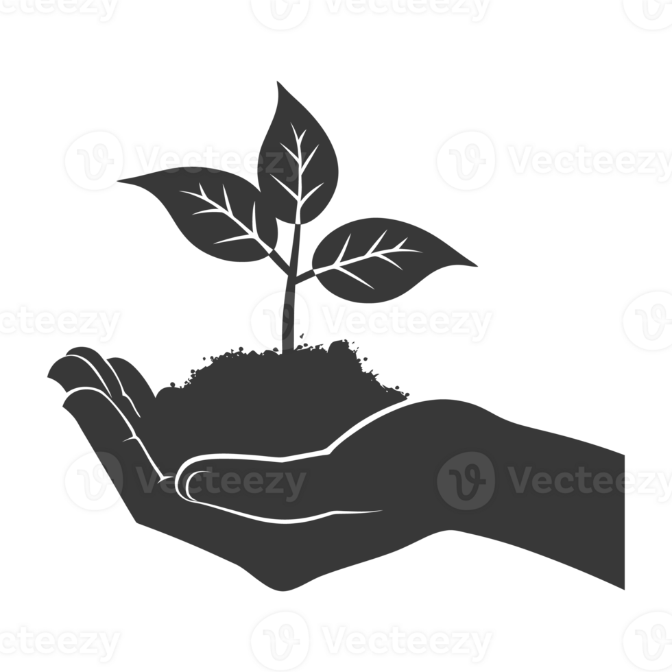 AI generated Silhouette Two Hand holding soil with growing sprout black color only png
