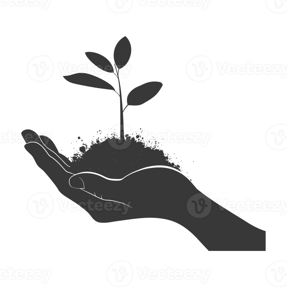 AI generated Silhouette Two Hand holding soil with growing sprout black color only png