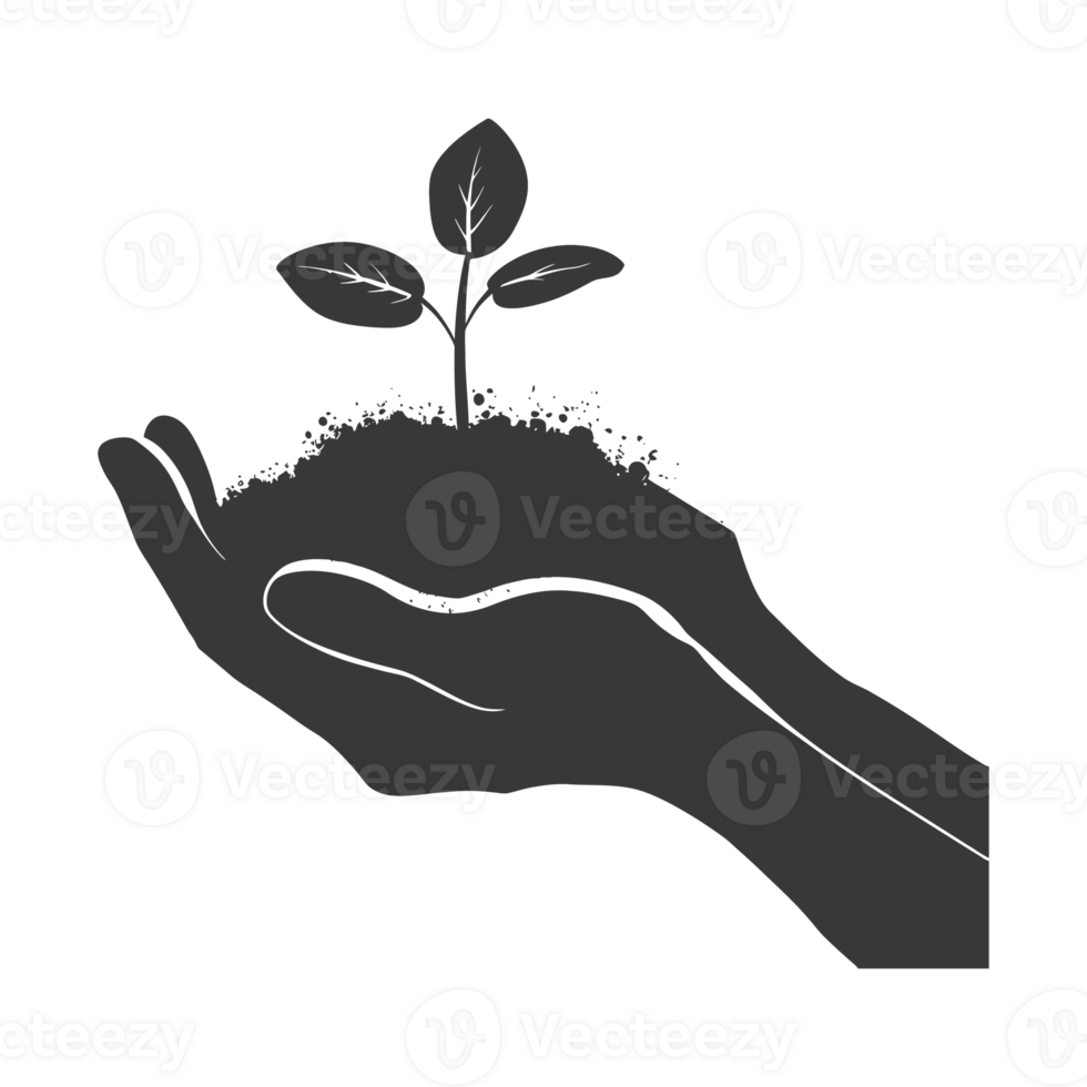 AI generated Silhouette Two Hand holding soil with growing sprout black color only png