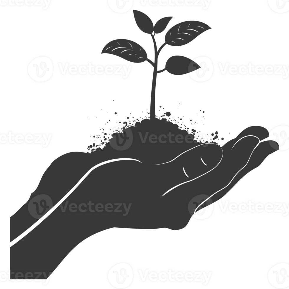 AI generated Silhouette Two Hand holding soil with growing sprout black color only png