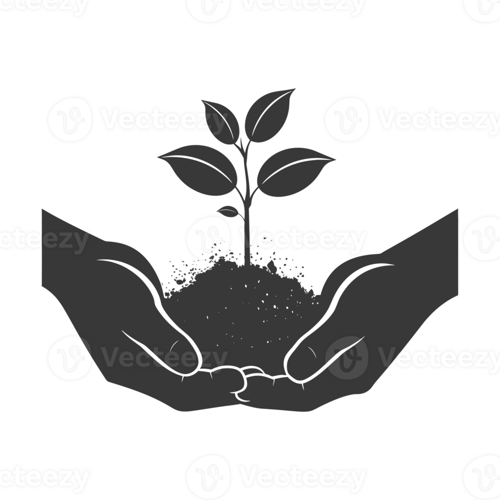 AI generated Silhouette Two Hand holding soil with growing sprout black color only png